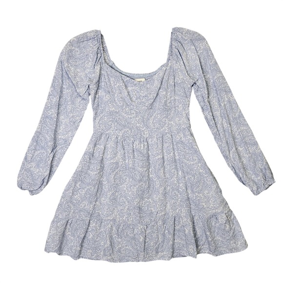 Hollister Dresses & Skirts - Hollister Paisley Mini Dress Womens Medium Blue Long Sleeve Smocked Boho Tiered
